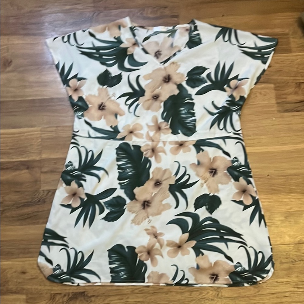 Floral Print Dress with Green and Beige Accents bathing suit cover